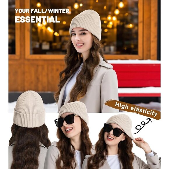 Women\'s Beanie Beige Wool Unisex Cuffed Knit Winter Warm Skull Ski Hats Caps